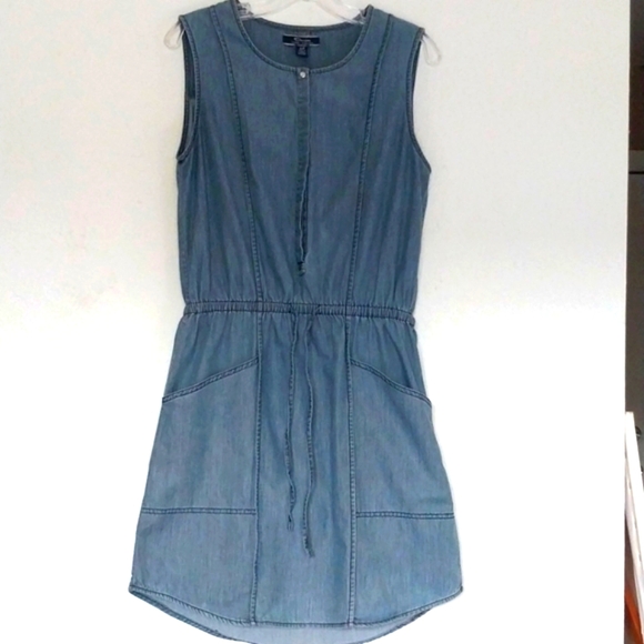 TOMMY BAHAMA Blue Jean Shirt Dress Dep Pockets Drawstring Waist Size Small - Picture 2 of 15